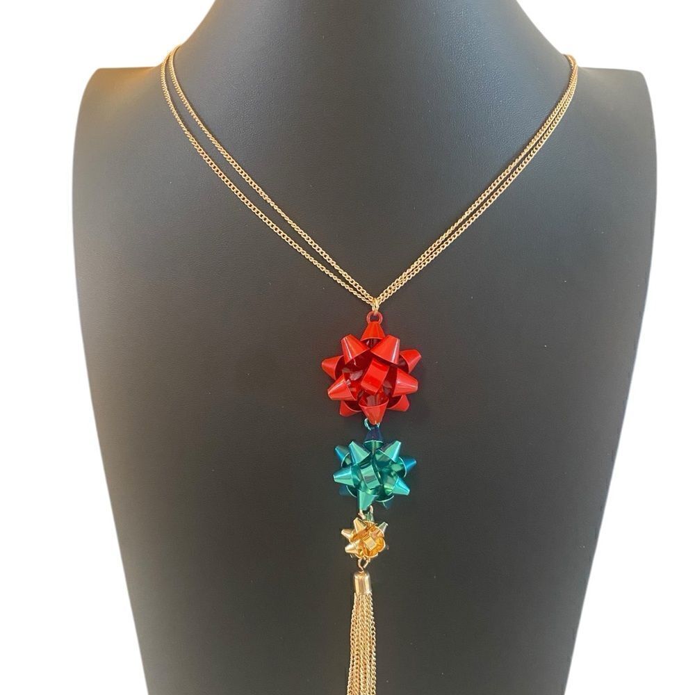 Colorful Triple Bow Pendant Necklace on Double Gold Toned Chain.